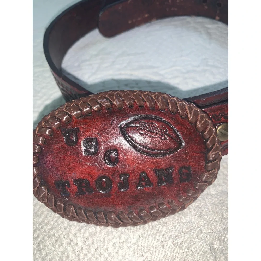 Vintage USC Trojans Handmade Tooled Leather Belt Western Football Buckle Brown